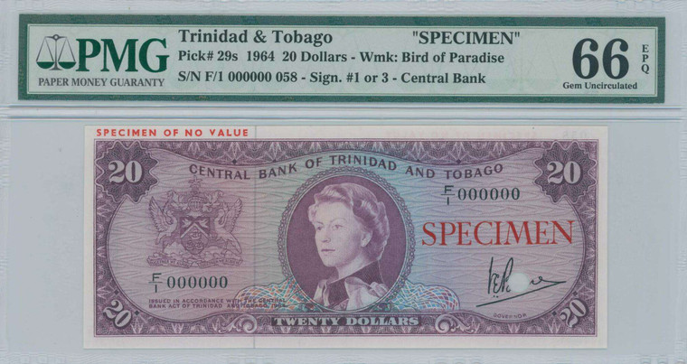 TRINIDAD 20 dollars 1964 QEII Specimen Banknote P29s PMG 66 EPQ