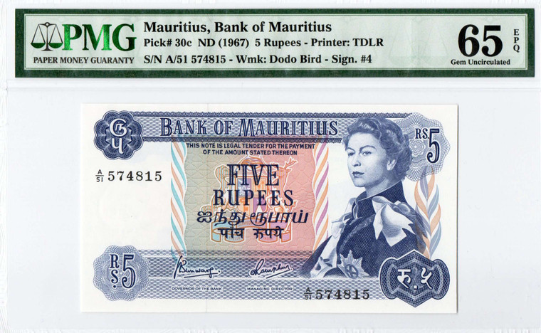 MAURITIUS 1967 5 RUPEES QEII P30c PMG 65 EPQ QUEEN ELIZABETH II