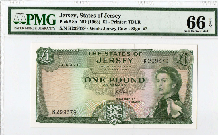 STATES OF JERSEY 1963 1 POUND QEII P8b PMG 66 EPQ QUEEN ELIZABETH II