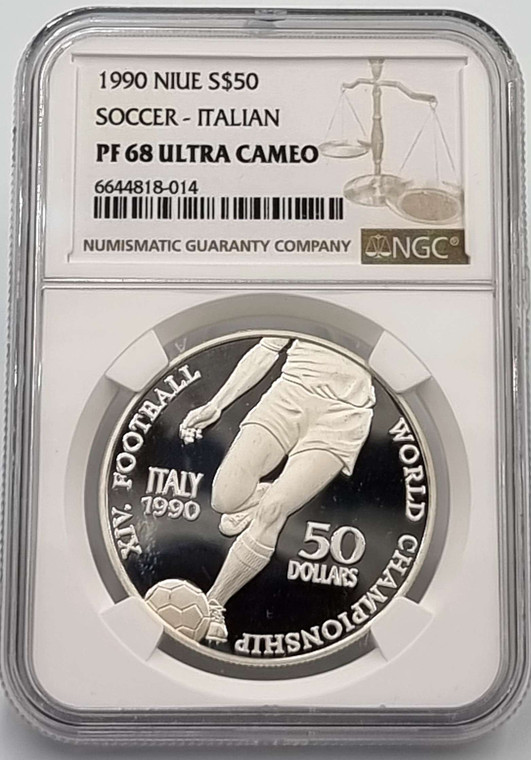 NIUE FOOTBALL WORLD CUP ITALY 1990 SILVER COIN NGC PF68 UCA