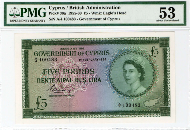 CYPRUS 5 POUNDS 1956 QUEEN ELIZABETH QEII PMG 55 p36a RARE