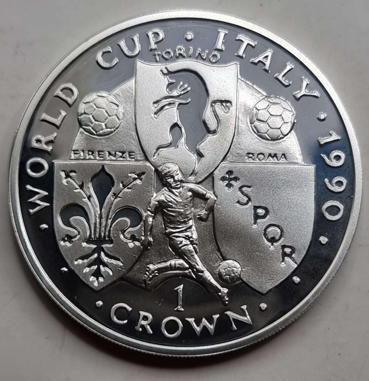 ISLE OF MAN WORLD CUP ITALY 1990 SILVER PROOF CROWN 2 COIN