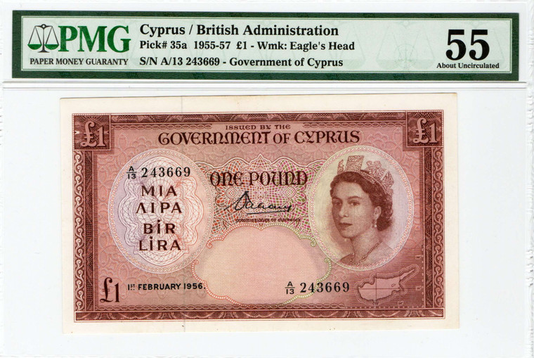 CYPRUS-POUND-1956-QUEEN-ELIZABETH-QEII-PMG-p35a-RARE