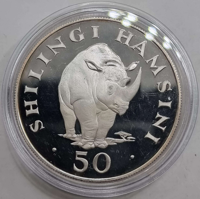 Tanzania 50 Shilingi Silver Proof coin 1974 Black Rhinoceros