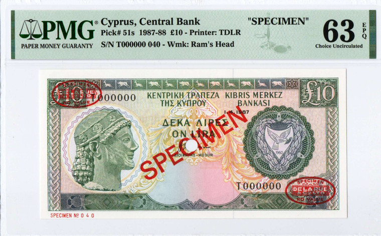 CYPRUS 10 POUNDS 1987-1988 SPECIMEN TDLR UNC PMG 63 EPQ p51S