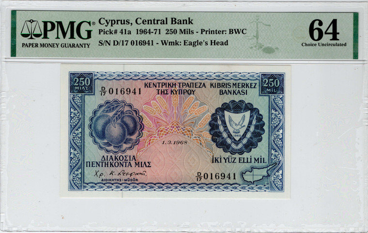 CYPRUS 250 MILS 1968 BANKNOTE UNC PMG 64 p41a
