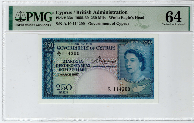 CYPRUS 250 MILS 1957 BANKNOTE QEII UNC PMG 64 p33a