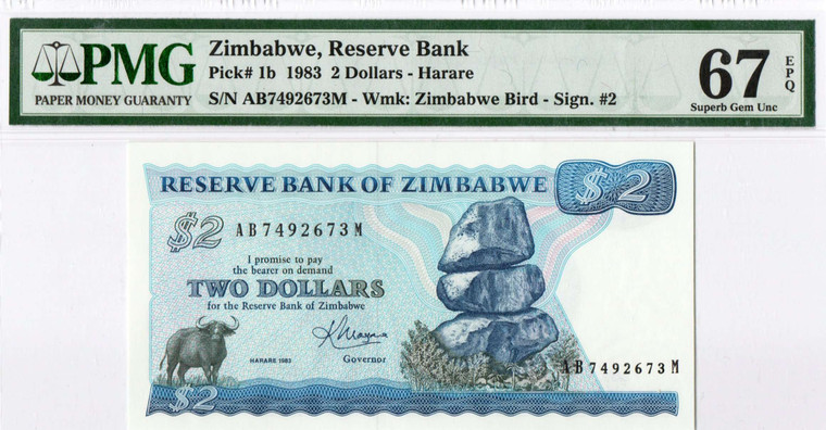 AFRICA ZIMBABWE 1983 2 DOLLARS BUFFALO P1b PMG 67EPQ