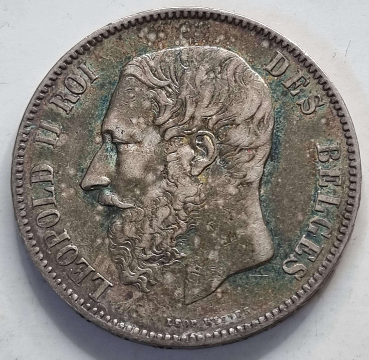 Belgium Leopold II Silver Coin 5 Francs 1873