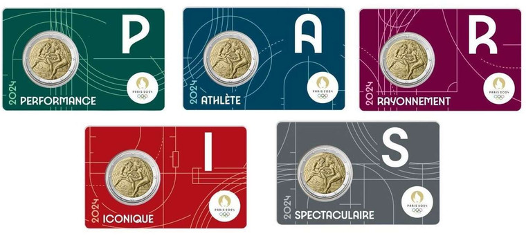 FRANCE 2024 2 Euro Olympic Games Paris BU COMPLETE 5 COIN CARDS