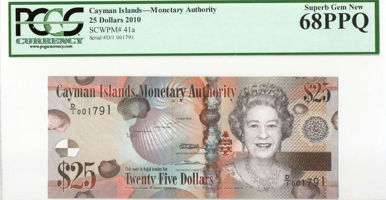 CAYMAN ISLANDS 2010 25 DOLLAR QEII P41a PCGS 68 PPQ QUEEN ELIZABETH II TURTLE