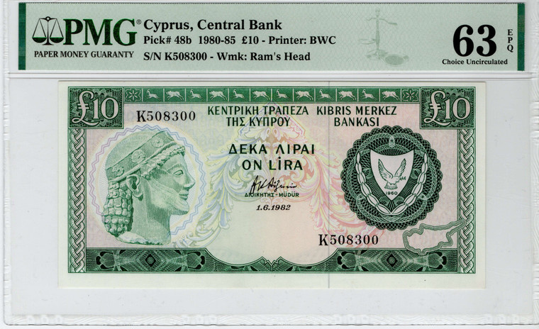 CYPRUS 10 POUNDS 1982 BANKNOTE PMG 63 EPQ p48b