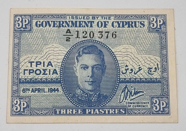 CYPRUS KGVI 1944 3 PIASTRE BANKNOTE AU p28