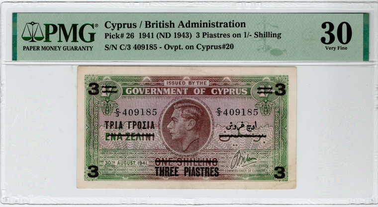 CYPRUS 3 PIASTRES BANKNOTE 1943 OVERPRINTED PMG 30 p26