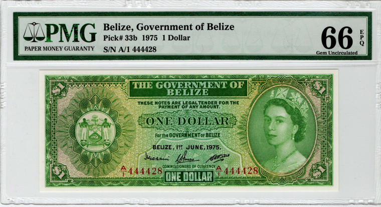 BELIZE 1975 QEII BANKNOTE 1 DOLLAR P33b PMG 66 EPQ