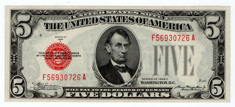 USA 5 DOLLAR RARE RED SEAL 1928 BANKNOTE