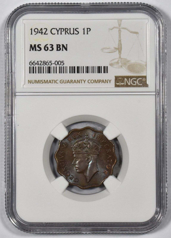 CYPRUS 1 PIASTRE 1942 COIN OF KGVI NGC MS63BN RARE
