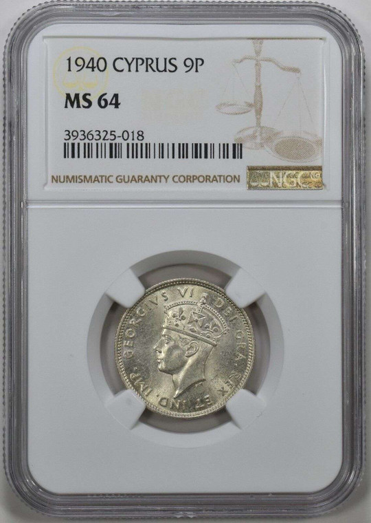 CYPRUS SILVER 9 PIASTRES COIN 1940 KGVI NGC MS64
