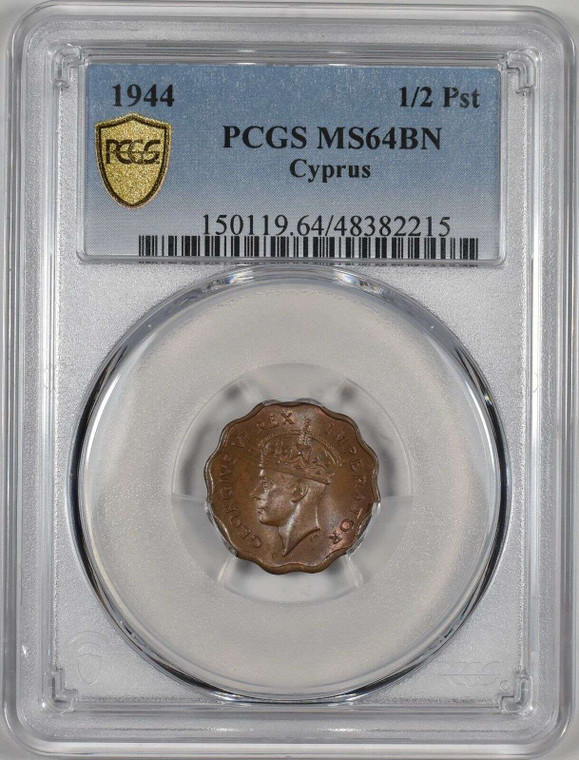 CYPRUS 1/2 PIASTRES COIN 1944 UNC OF KGVI PCGS MS64
