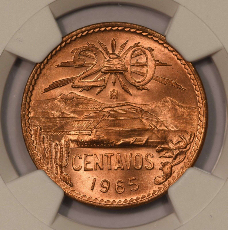 MEXICO 20 CENTAVOS COIN 1965 NGC MS66 RD