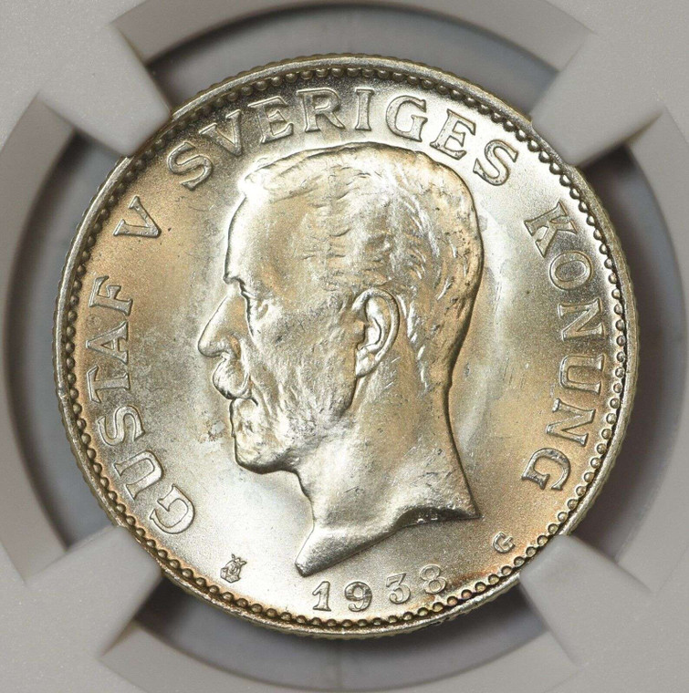 SWEDEN SILVER 1 KRONA 1938 G COIN GUSTAF V NGC MS66