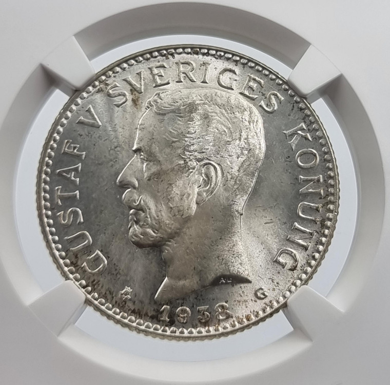 SWEDEN SILVER 2 KRONA 1938 G COIN GUSTAF V NGC MS65