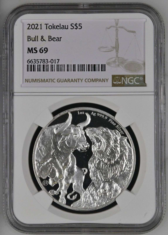 Tokelau 2021 Silver .999 Bull and Bear 1 oz coin NGC MS69