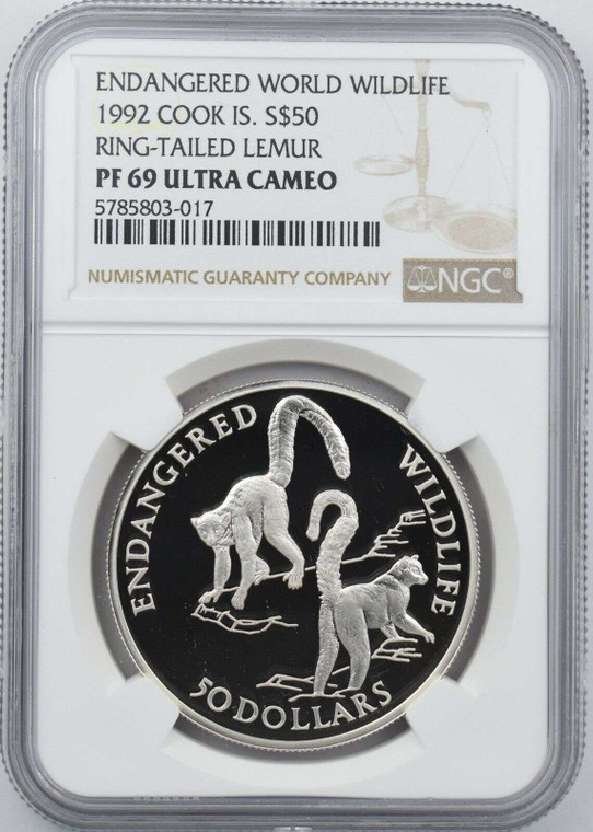 COOK ISLANDS SILVER 1992 ENDANGER LEMUR NGC PF69 UCA