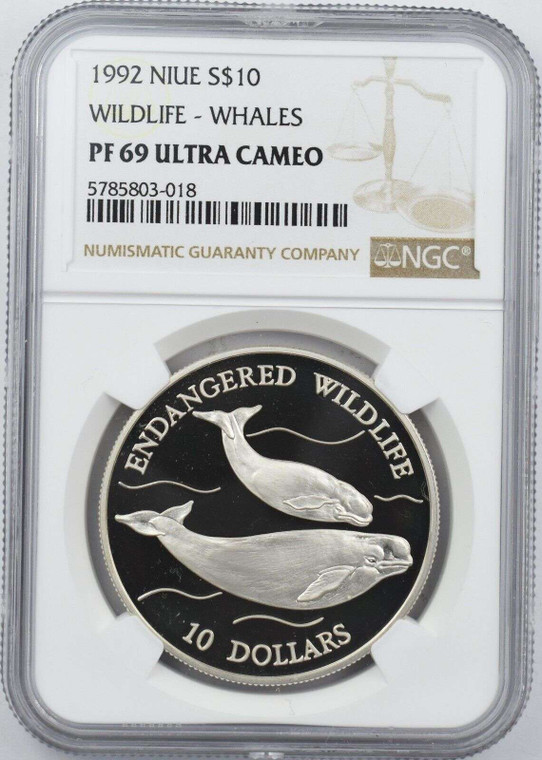 NIUE 1992 SILVER COIN ENDANGER WHALES NGC PF69 UCA