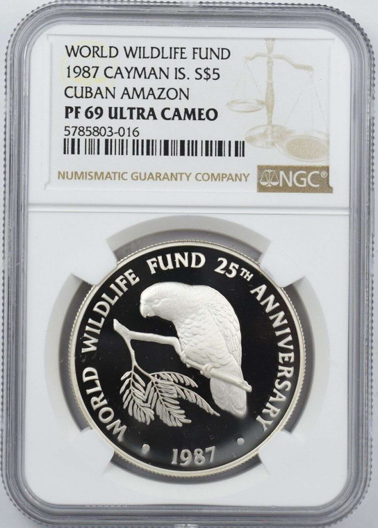 CAYMAN ISLANDS 1987 SILVER COIN WWF AMAZON NGC PF69 UCA