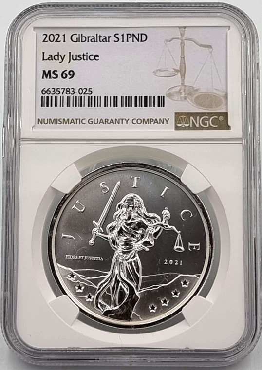 GIBRALTAR 1 POUND 2021 LADY JUSTICE SILVER COIN NGC MS69