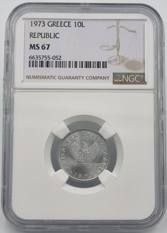 GREECE 10 LEPTA 1973 COIN KING CONSTANTINE II NGC MS67