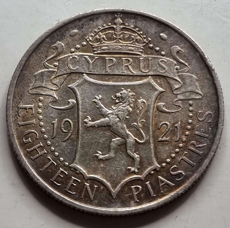 CYPRUS 18 SILVER PIASTRE 1921 COIN AU TONED