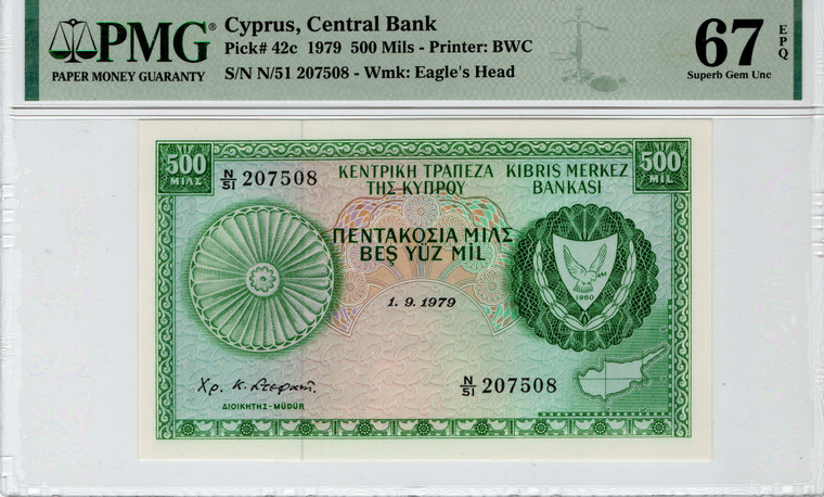 CYPRUS 500 MILS 1.09. 1979 BANKNOTE PMG 67 p42c