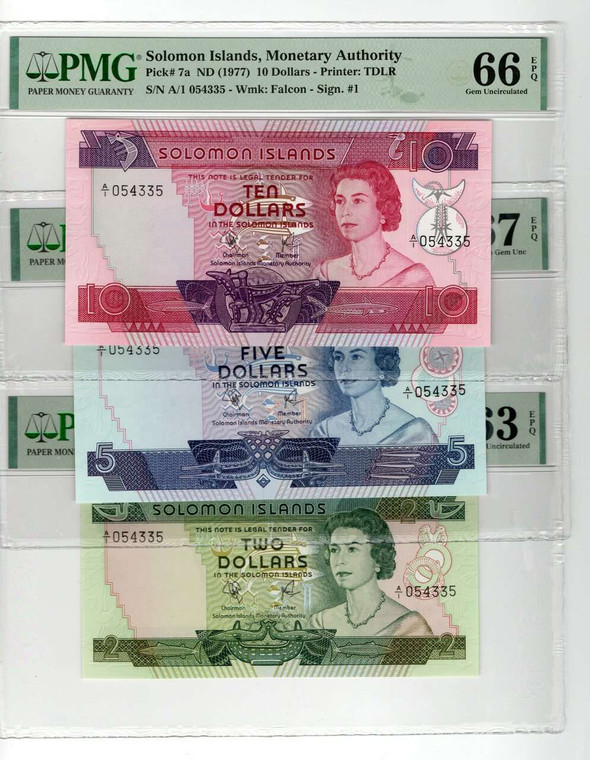 SOLOMON ISLANDS 2 5 10 DOLLARS 1977 - 1979 BANKNOTE SET MATCHING SERIAL NUMBERS QEII GRADED PMG
