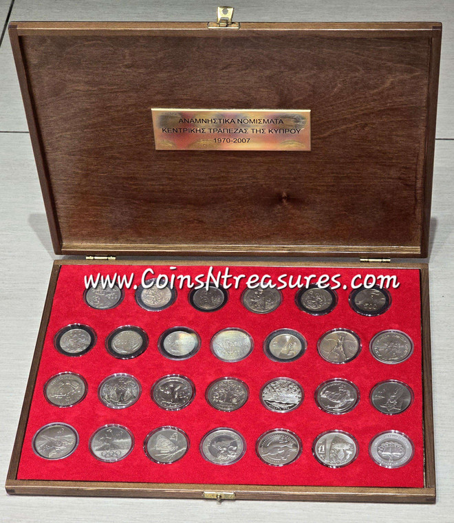 CYPRUS COMPLETE SET OF COMMEMORATIVE COINS 1970-2007 IN LUXURY WOODEN CASE