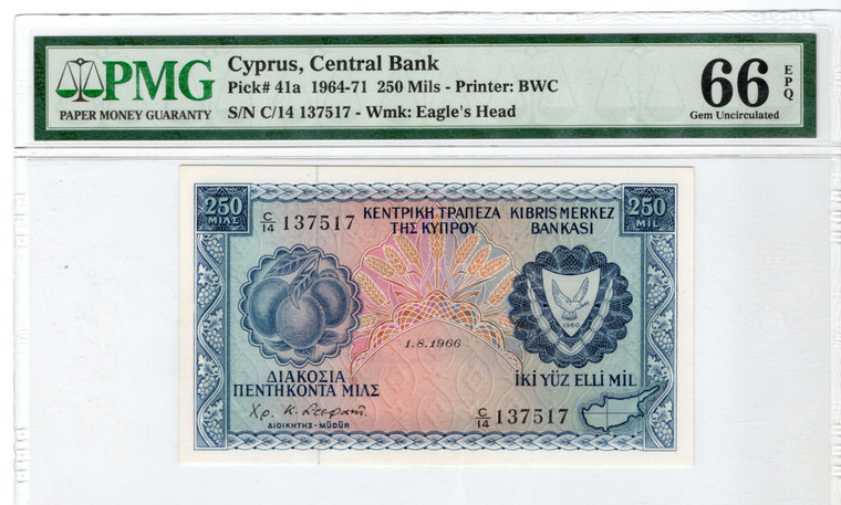 CYPRUS 250 MILS 1966 BANKNOTE UNC PMG 66 p41a