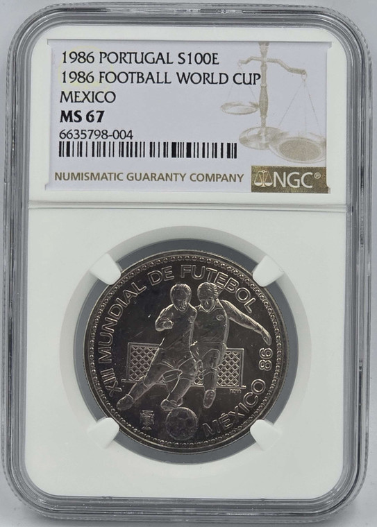 PORTUGAL 100 ESCUDOS 1986 MEXICO WORLD CUP NGC MS67 POP 1
