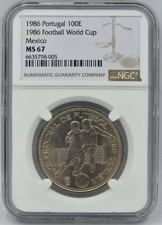PORTUGAL 1987 SILVER 100 ESCUDOS MEXICO WORLD CUP NGC MS67