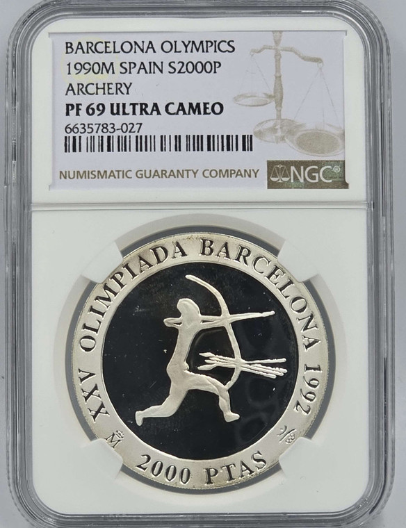 SPAIN SILVER PROOF BARCELONA OLYMPICS 1992 ARCHERY NGC PF69 UCA