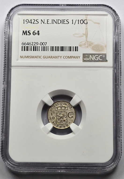 NETHERLANDS 1942 S COIN EAST INDIES 1/10 GULDEN NGC MS64
