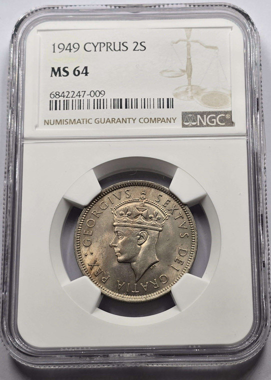 CYPRUS 2 SHILLINGS COIN 1949 TOP UNC KGVI NGC MS64