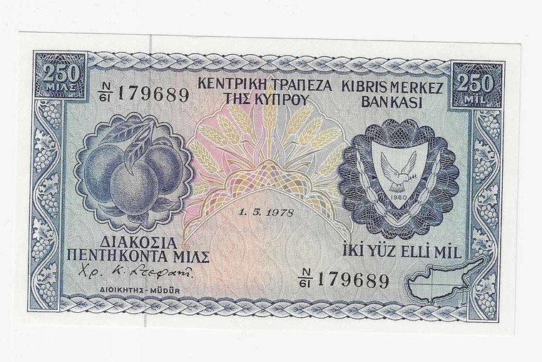 CYPRUS 250 MILS 1978 BANKNOTE IN UNC P41c