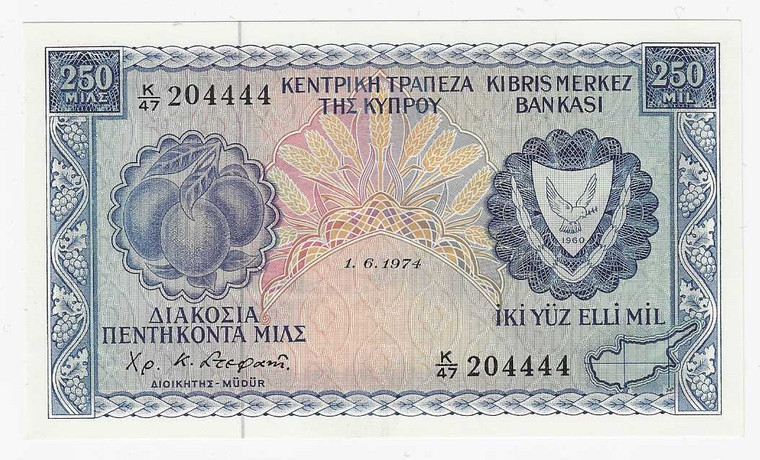 CYPRUS 250 MILS 1974 BANKNOTE IN UNC P41b
