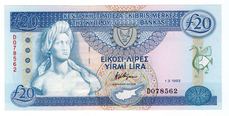 CYPRUS 20 POUNDS 1993 BANKNOTE IN UNC p56b