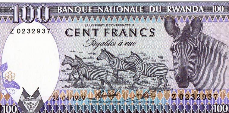 AFRICA RWANDA 1989 100 FRANCS ZEBRA P19 UNC