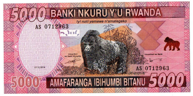 AFRICA RWANDA 2014 5000 FRANCS GORILLA P41 UNC