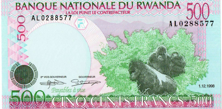 AFRICA RWANDA 1998 500 FRANCS GORILLA P26 UNC