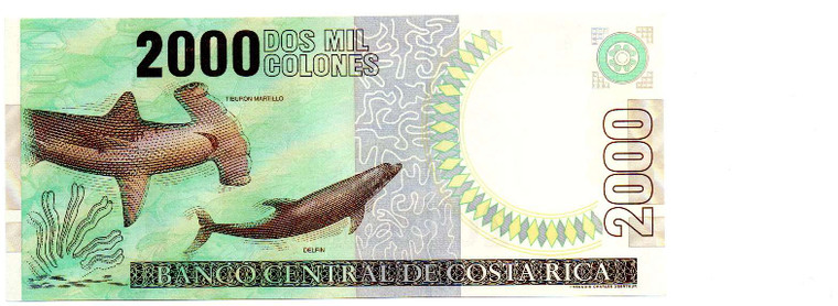 COSTA RICA 2005 2000 COLONES UNC BANKNOTE P265 HAMMER HEAD SHARK
