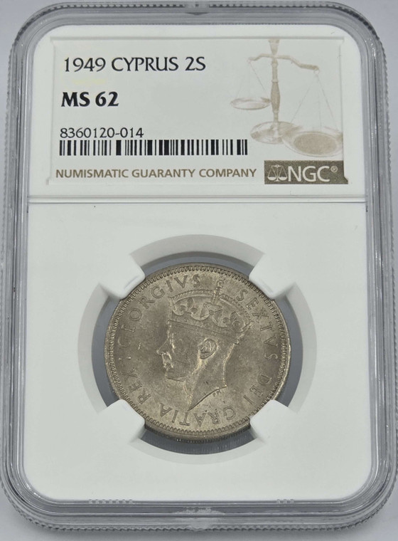 CYPRUS 2 SHILLINGS COIN 1949 UNC KGVI NGC MS62